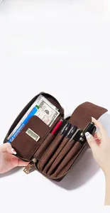 Internal layout of brown crazy horse leather pen case with card slots and zipper