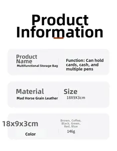 Detailed specifications for the crazy horse leather pen case showing size and material info