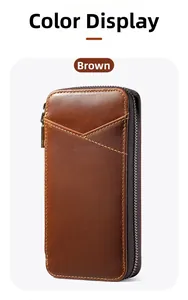 Vertical crazy horse leather pen case in brown with V-stitch pocket and metal zipper