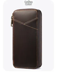 Detail view of brown crazy horse leather pen case showing V-shaped stitching and metal zipper