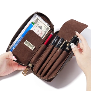 Retro Crazy Horse Genuine Leather Multi-functional Zippered Pen Case Stationery Organizer Business Travel Pouch