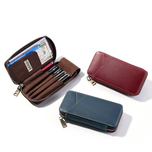 Vintage crazy horse leather multi-functional pen case with zipper and card slots