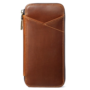 Retro crazy horse leather pencil case with bronze zipper and front V-stitch pocket