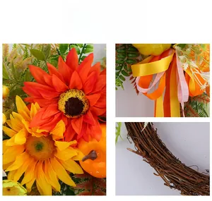 Detailed close-up of artificial sunflower wreath with mini pumpkins and vine base