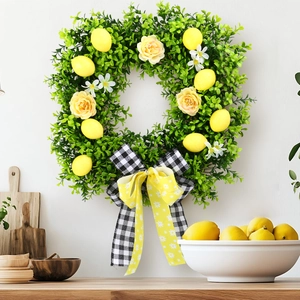 Artificial Lemon Square Wreath With Bow Knot Yellow Rose Green Leaves Floral Garland For Front Door Wall Summer Home Decor