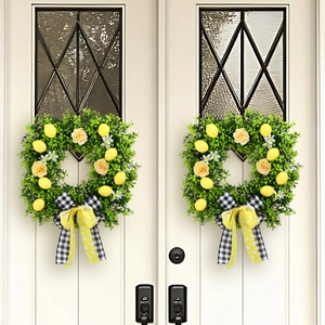 Pair of square lemon wreaths with yellow roses and black plaid bows for door decoration