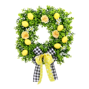Artificial lemon square wreath with green leaves and yellow floral bow for wall decor