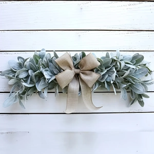 Artificial Lamb's Ear Leaf Garland With Burlap Bow Flocked Faux Eucalyptus Swag Farmhouse Wall Door Hanging Rustic Home