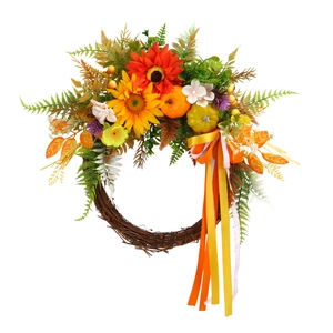 Autumn wreath with sunflowers, pumpkins, and checkered ribbons on white background