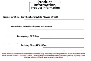 Detailed size chart and material specs for artificial grey leaf and white flower wreath