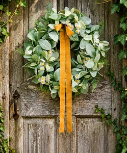 Close-up of farmhouse wreath with sage green leaves and yellow velvet ribbon on wooden door