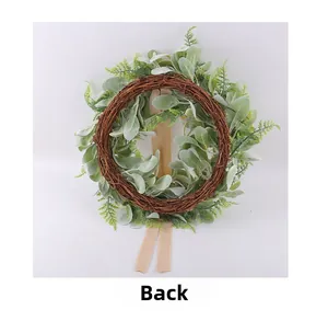 Detailed back view of artificial eucalyptus wreath with natural rattan base and ribbons