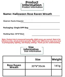 Detailed size specifications for Rose Crow Wreath Halloween door decoration prop