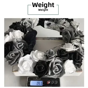 Detailed view of dark gothic Halloween rose wreath weight showing approximately 141 grams