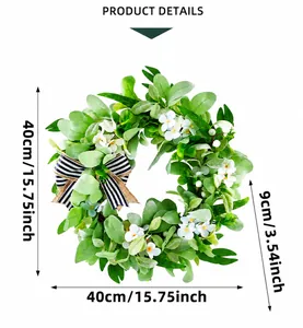 Detail showing 40cm eucalyptus wreath with white flowers and striped bow dimensions