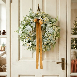 Artificial Grey Lamb's Ear Leaf White Daisy Flower Wreath With Mustard Yellow Velvet Ribbon For Front Door Wall Home Decor