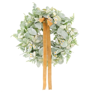 Artificial lamb ear and white daisy wreath with mustard yellow velvet ribbon bow