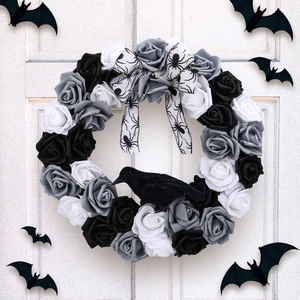 Gothic Halloween Wreath Black White Gray Rose Artificial Flower Garland Crow Spider Bow Door Hanging Decor Party Supplies