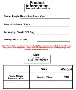 Detailed size chart of 200cm purple artificial rose vine with length and weight info