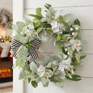 Künstlicher Eukalyptus Kranz Mit Weißen Blumen Gestreifte Schleife Frühling Lamm Ohr Blatt Kranz Für Haustür Zuhause Hochzeit Wanddeko