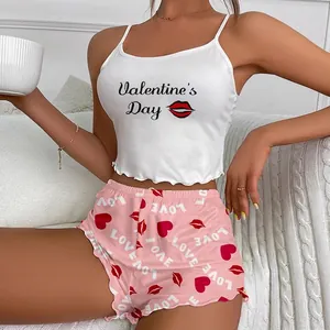 Valentine's Day lounge set with lip print camisole and pink printed shorts for women