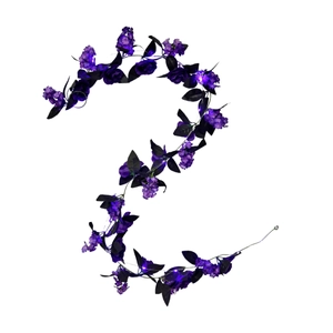 Purple faux rose garland with black leaves and purple LED lights for Halloween decoration