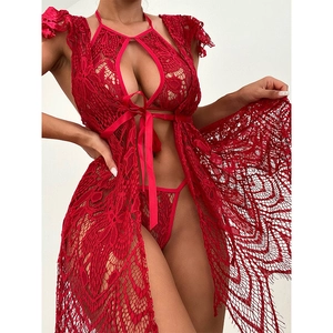 Robe En Dentelle Sexy Pour Femmes Et G-String Ajouré Dos Nu Transparent Vêtements De Nuit Décor Noeud