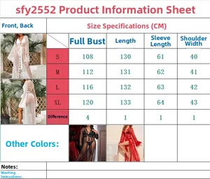 Size chart for long sheer lace bathrobe with measurements in CM for S to XL sizes