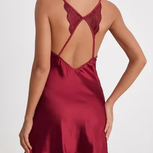 Burgundy satin nightgown for women with crisscross back straps and lace detailing