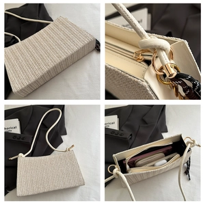 Detailed views of beige woven crossbody bag showing interior capacity and strap texture
