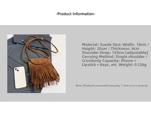 Detailed size specifications for the brown fringe bucket bag with adjustable strap