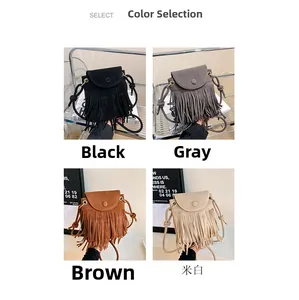 Collage of four bohemian tassel bucket bags in black, grey, brown, and cream colors