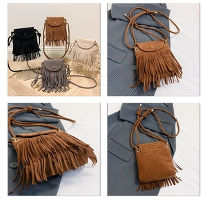 Detail of small matte bucket bag with long fringe tassels in four neutral colors