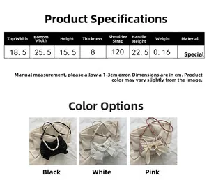Size chart showing dimensions and colors of the bow and pearl handbag with details