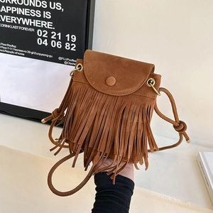 Women Fringe Tassel Crossbody Bag Suede Bohemian Style Shoulder Purse Mini Bucket Bag Flap Messenger Bag