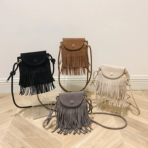French style fringed bucket bag in four colors with suede texture and shoulder straps
