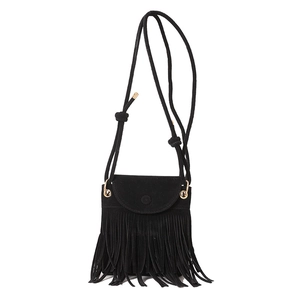 French style black fringe bucket bag with matte suede texture and knot shoulder strap