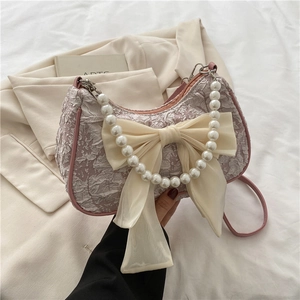 Women Elegant Pleated Shoulder Bag With Large Bow And Artificial Pearl Handle Fashion Sweet Crossbody Handbag For Daily Date Party