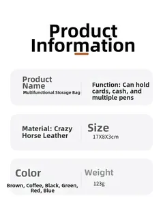 Infographic showing crazy horse leather pen case specifications and dimensions