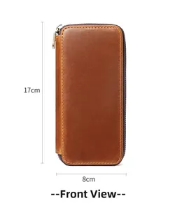 Front view of crazy horse leather pen case showing 17cm by 8cm dimensions and zipper