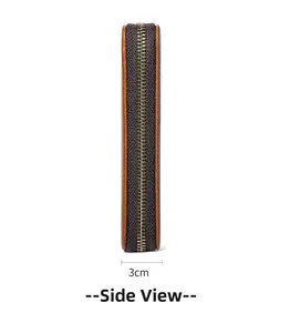 Side view of brown crazy horse leather pen case showing 3cm thickness and zipper detail