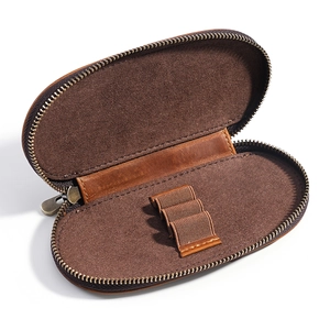 Retro crazy horse leather pen case with three elastic slots and metal zipper closure