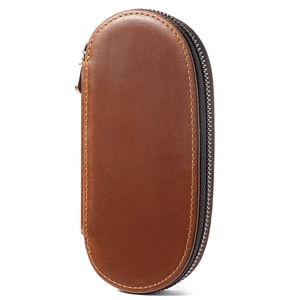 Retro crazy horse leather fountain pen case with three slots and zipper closure in brown