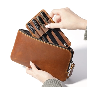 Vintage Crazy Horse Leather Pen Case Zipper Pouch For Phone Cards Handcrafted Cowhide Storage Bag Stationery Organizer