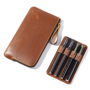 Retro crazy horse leather pen case with 4-slot elastic insert and secure zipper