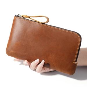 Crazy horse leather pen case for 4 pens with zipper closure and wrist strap