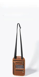 Brown leather neck passport pouch with RFID blocking, mesh pocket and adjustable strap