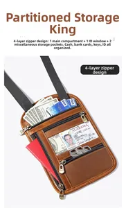 Brown leather neck passport holder with 4-zipper pockets for secure cards and cash storage