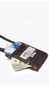 Deep brown vintage leather neck wallet with multi-zipper compartments for travel documents