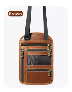 Detailed view of brown leather RFID neck wallet with multiple zipper pockets and clear window